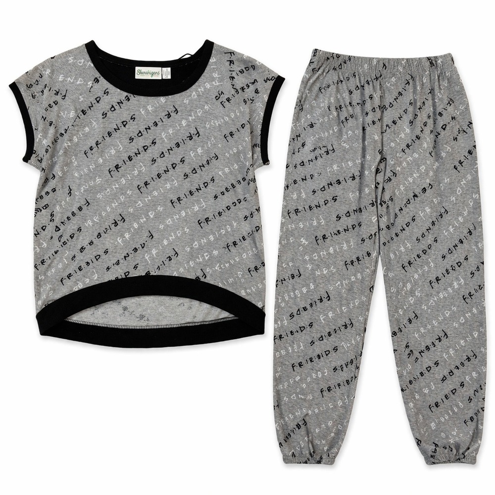 Friends TV Show Pajama Set Womens Small Gray Script Logo S22 Cozy Soft retro 90s